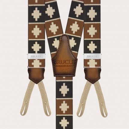 Brown suspenders with geometric pattern for buttons