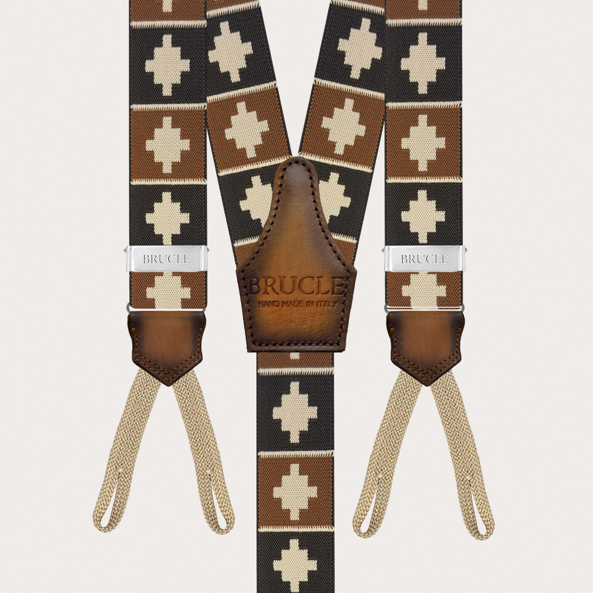Brown suspenders with geometric pattern for buttons