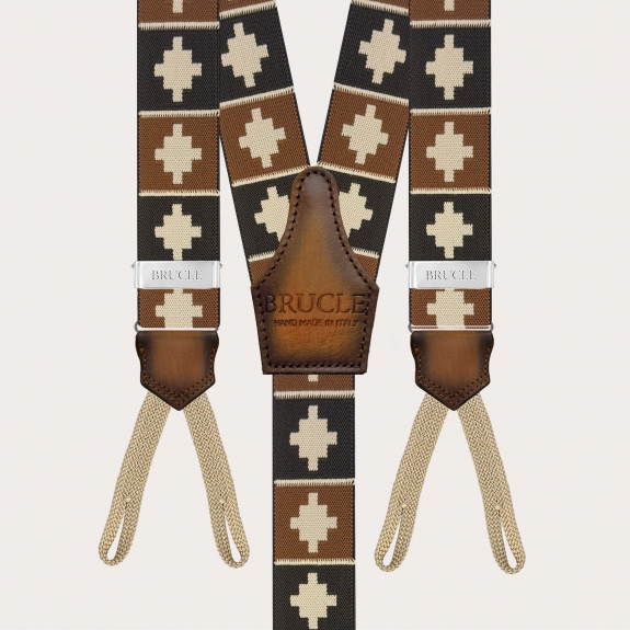 Brown suspenders with geometric pattern for buttons