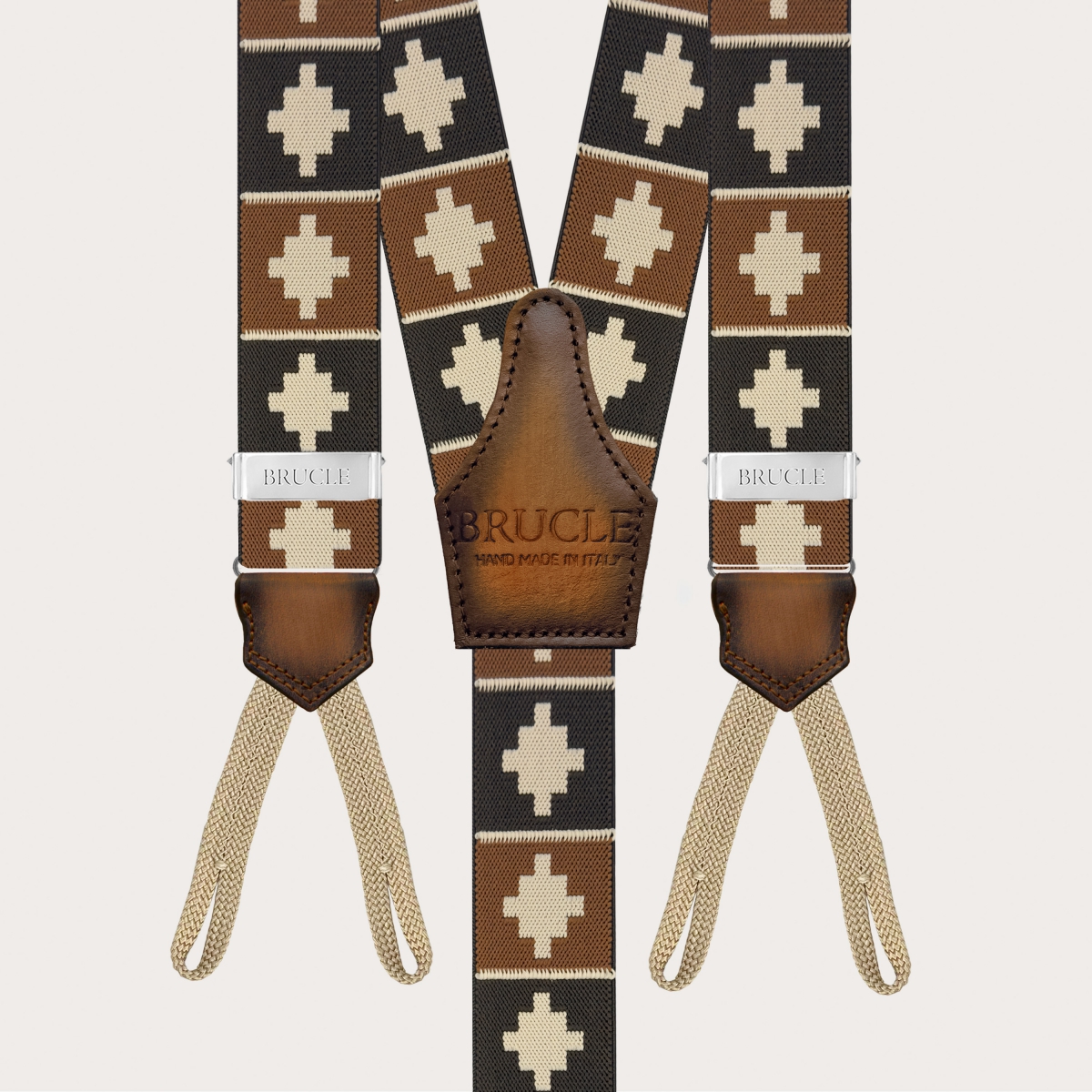 Brown suspenders with geometric pattern for buttons