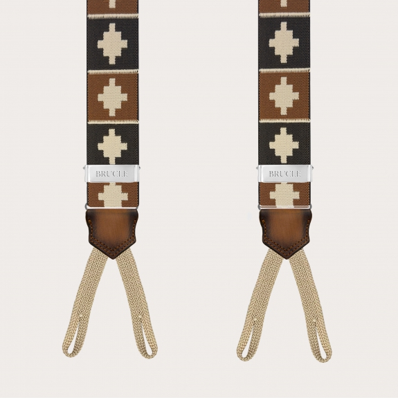Brown suspenders with geometric pattern for buttons