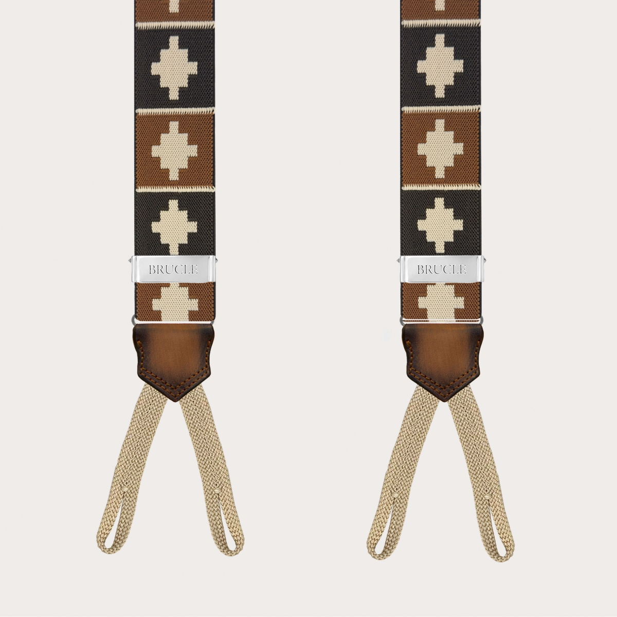Brown suspenders with geometric pattern for buttons
