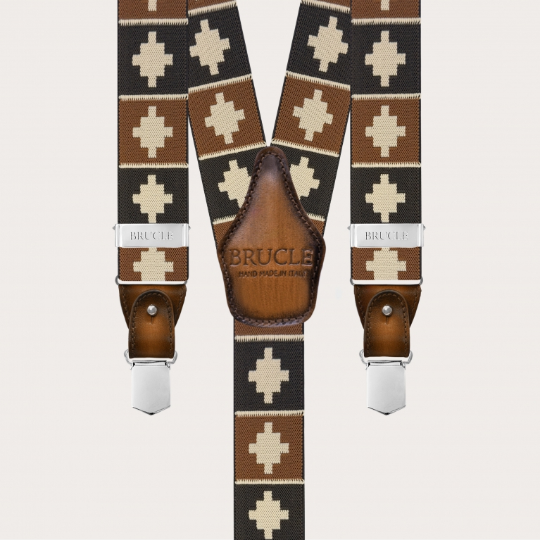 Men’s brown geometric pattern suspenders with clips or buttons