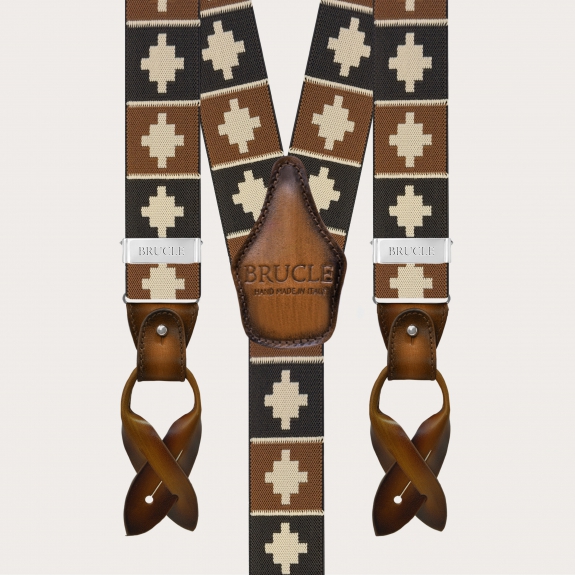 Men’s brown geometric pattern suspenders with clips or buttons