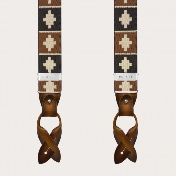 Braune Herrenhosenträger mit geometrischem Muster, Clips oder Knöpfe