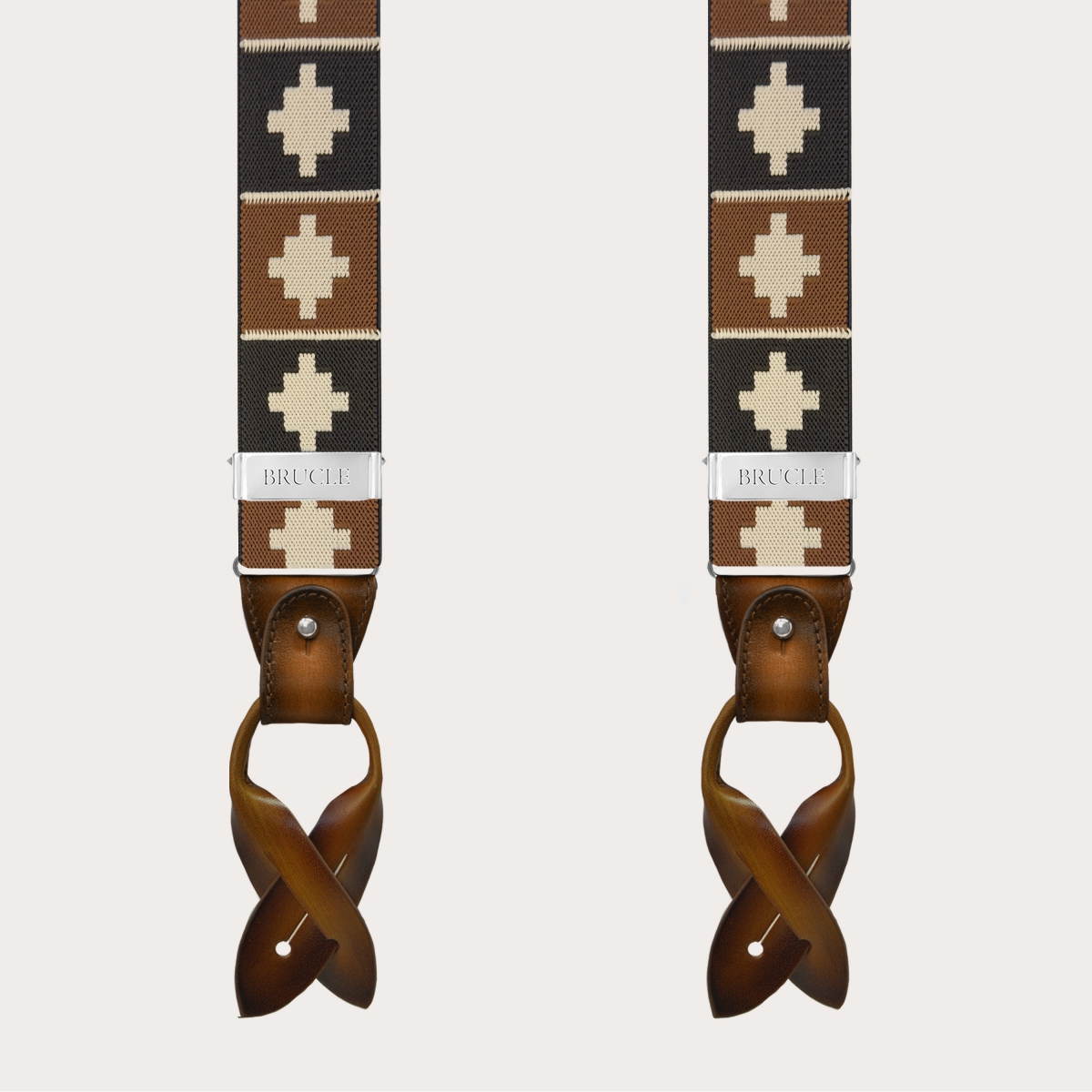 Men’s brown geometric pattern suspenders with clips or buttons