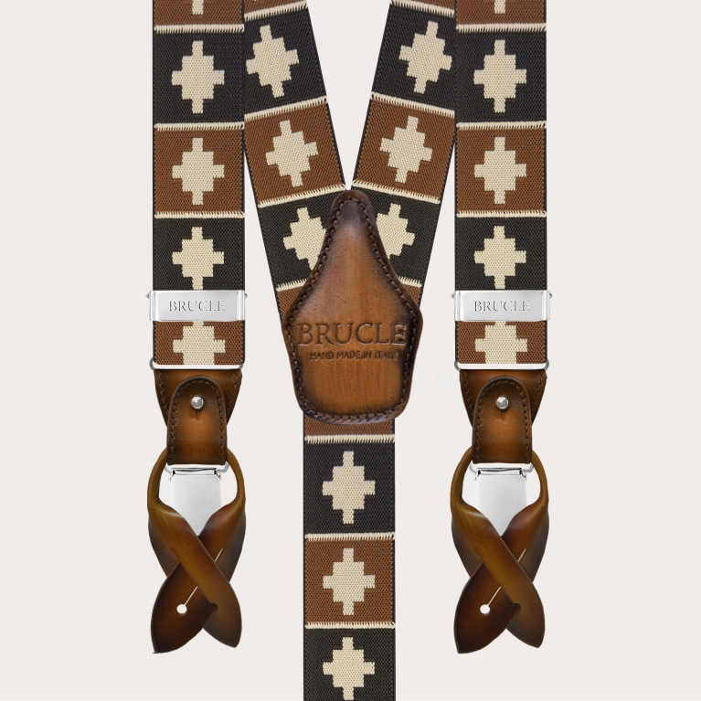 Men’s brown geometric pattern suspenders with clips or buttons
