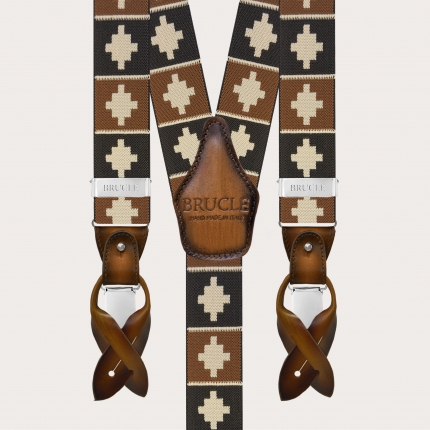 Men’s brown geometric pattern suspenders with clips or buttons