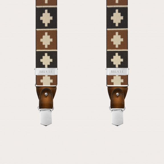 Men’s brown geometric pattern suspenders with clips or buttons