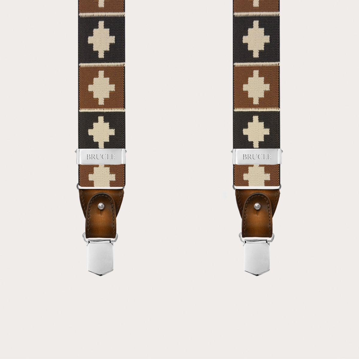 Men’s brown geometric pattern suspenders with clips or buttons