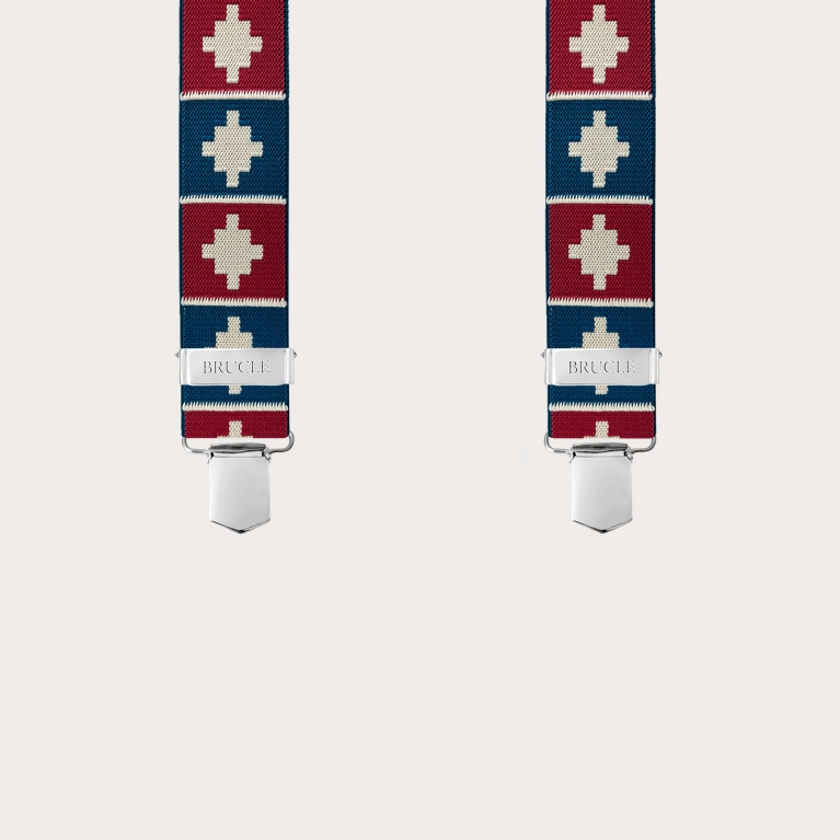X-back suspenders with 4 clips, red and blue geometric pattern