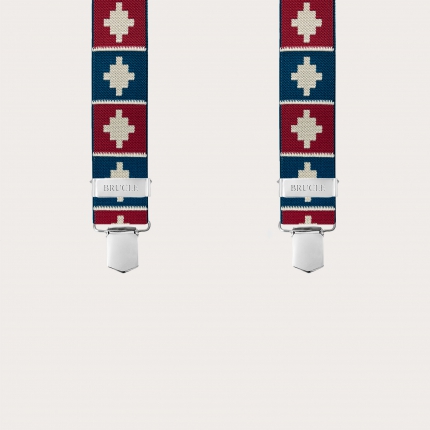 Bretelles en X avec 4 pinces à motif géométrique rouge et bleu