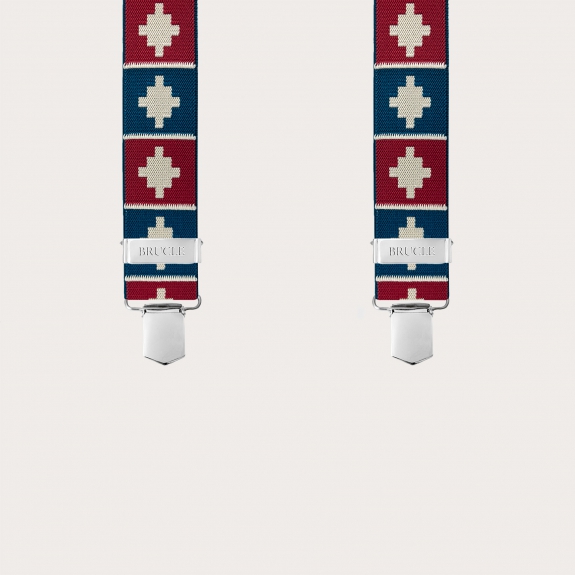 Bretelles en X avec 4 pinces à motif géométrique rouge et bleu