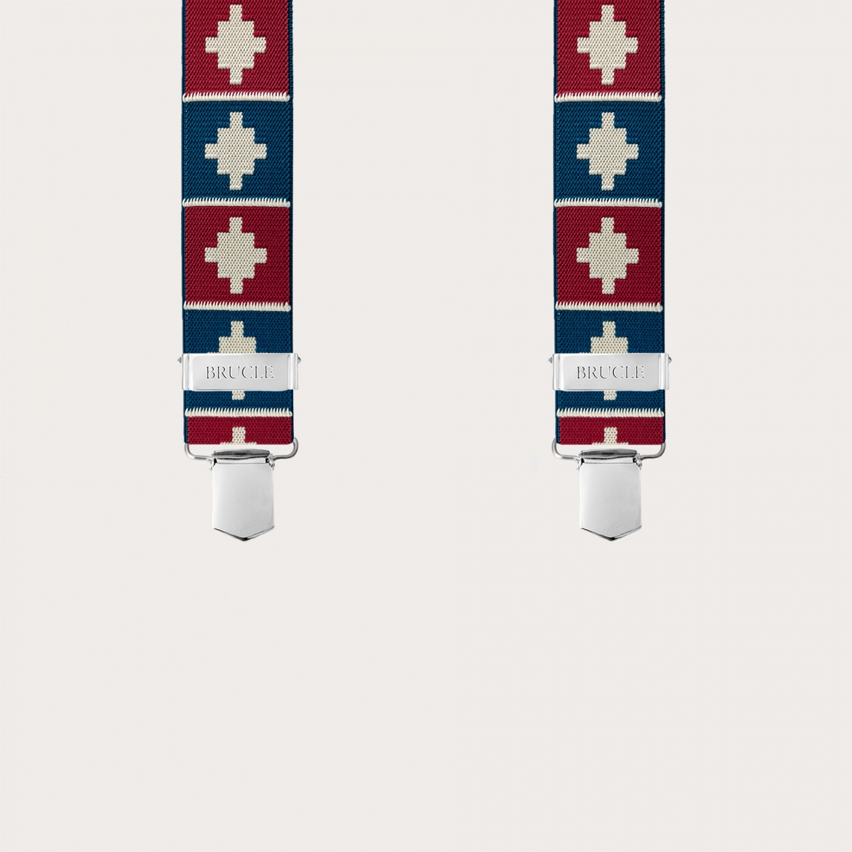 Bretelles en X avec 4 pinces à motif géométrique rouge et bleu