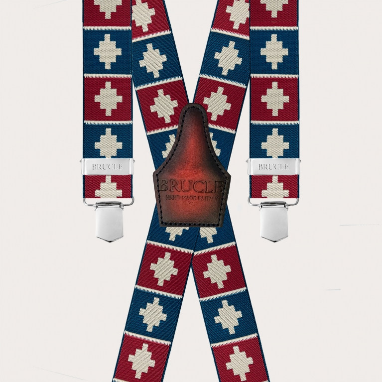 X-Hosenträger mit 4 Clips, rotes und blaues geometrisches Muster