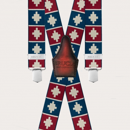 X-back suspenders with 4 clips, red and blue geometric pattern