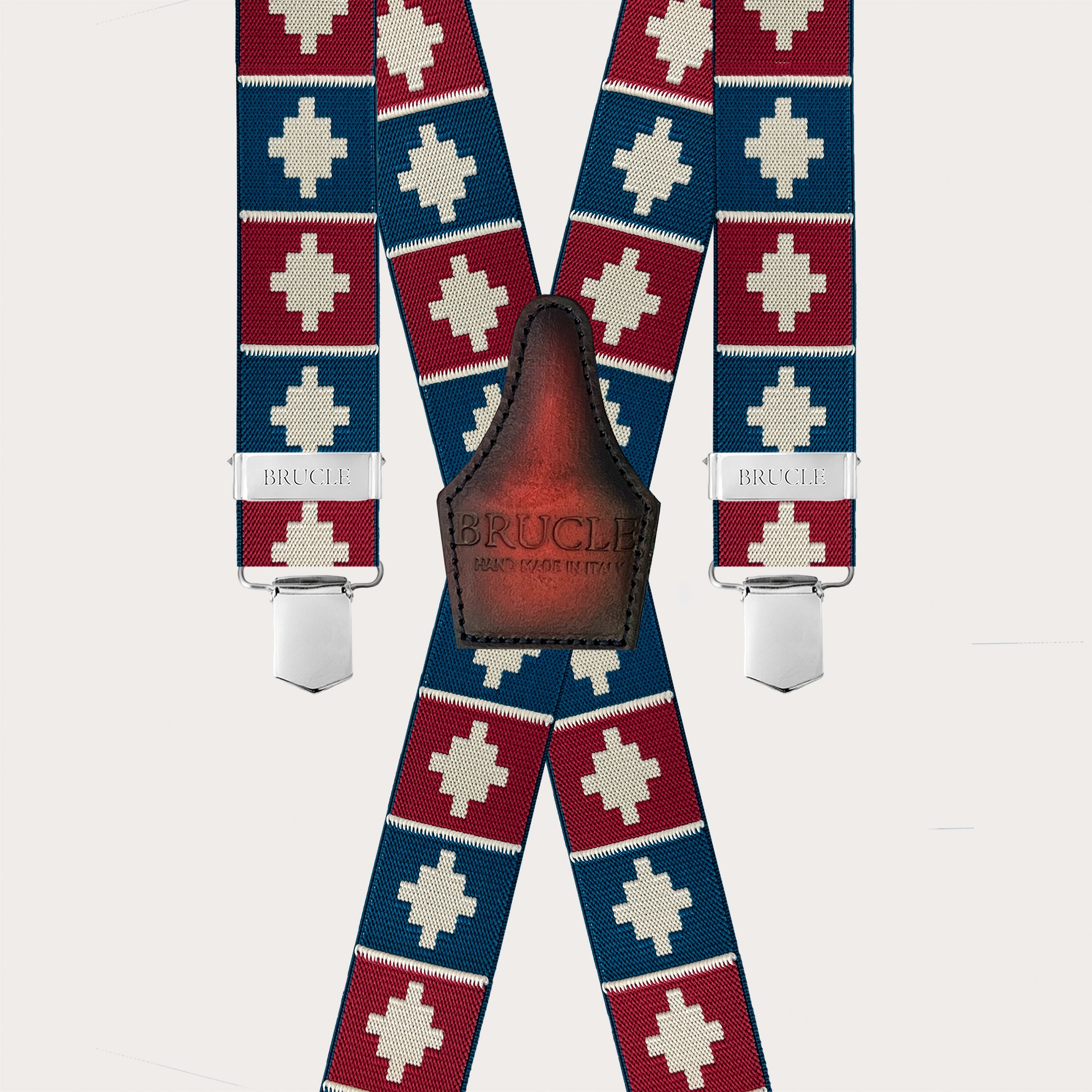 Bretelle a X con 4 clip fantasia geometrica rossa e blu