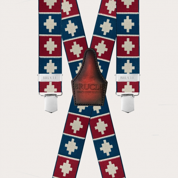 Bretelle a X con 4 clip fantasia geometrica rossa e blu