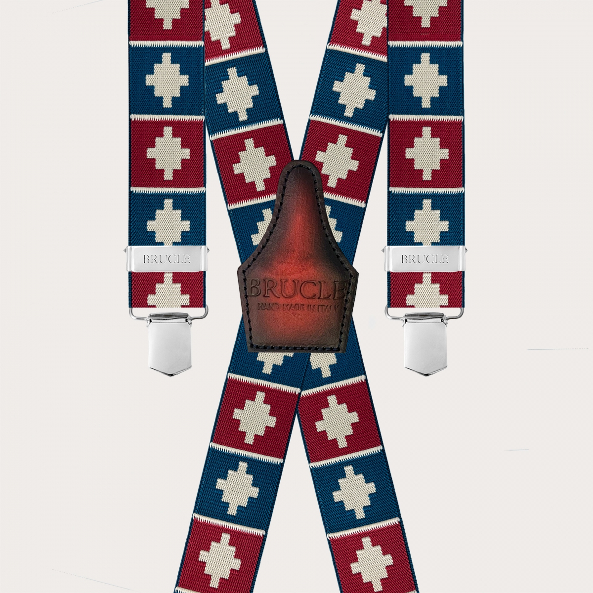 X-back suspenders with 4 clips, red and blue geometric pattern