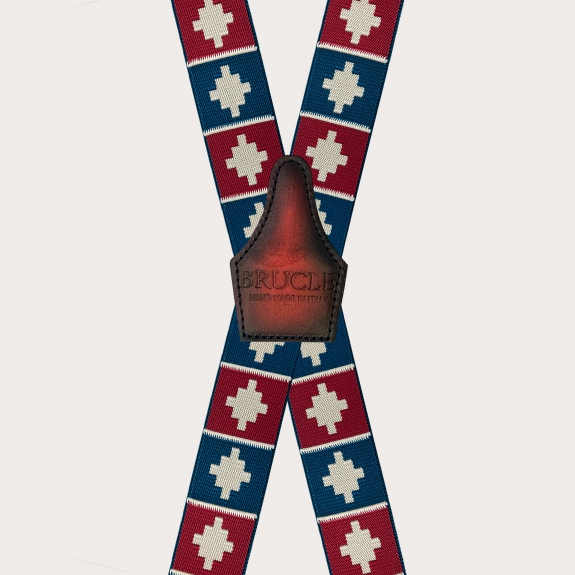 X-back suspenders with 4 clips, red and blue geometric pattern