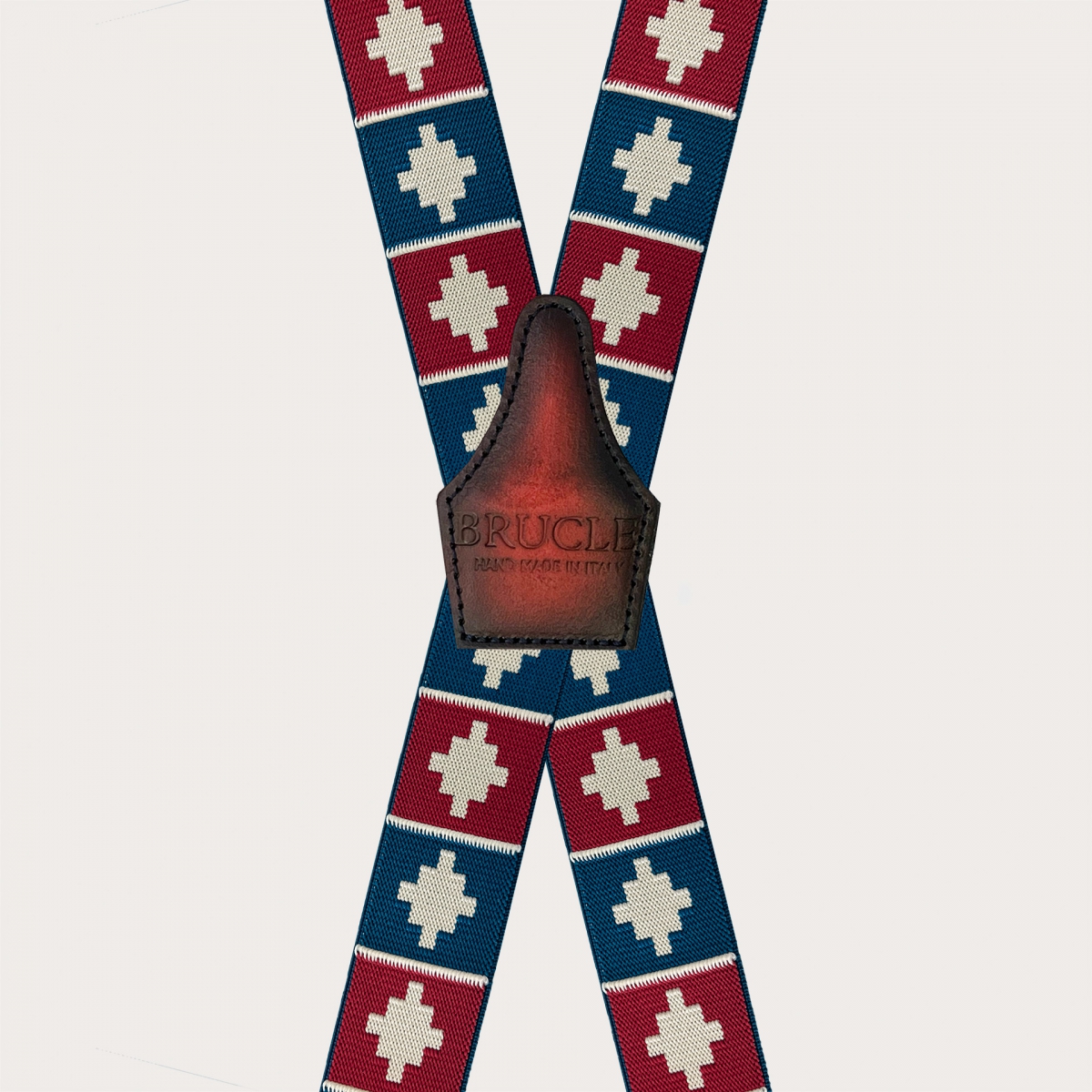 X-Hosenträger mit 4 Clips, rotes und blaues geometrisches Muster