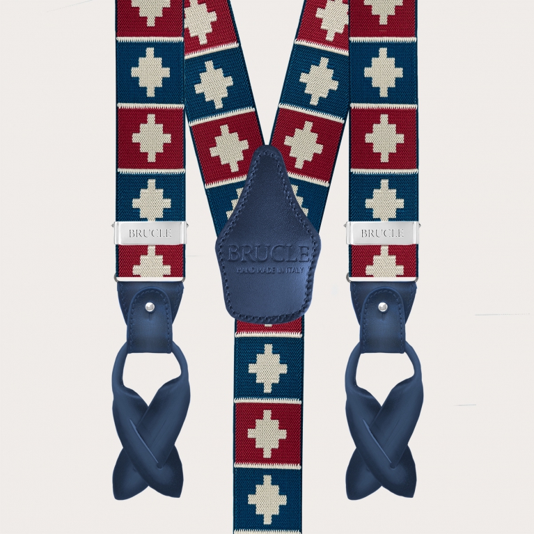 Men’s suspenders with red and blue geometric pattern