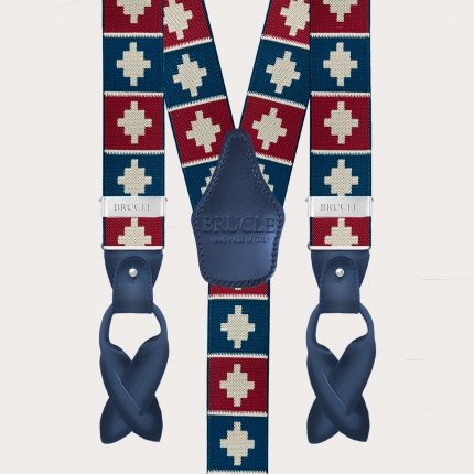 Men’s suspenders with red and blue geometric pattern