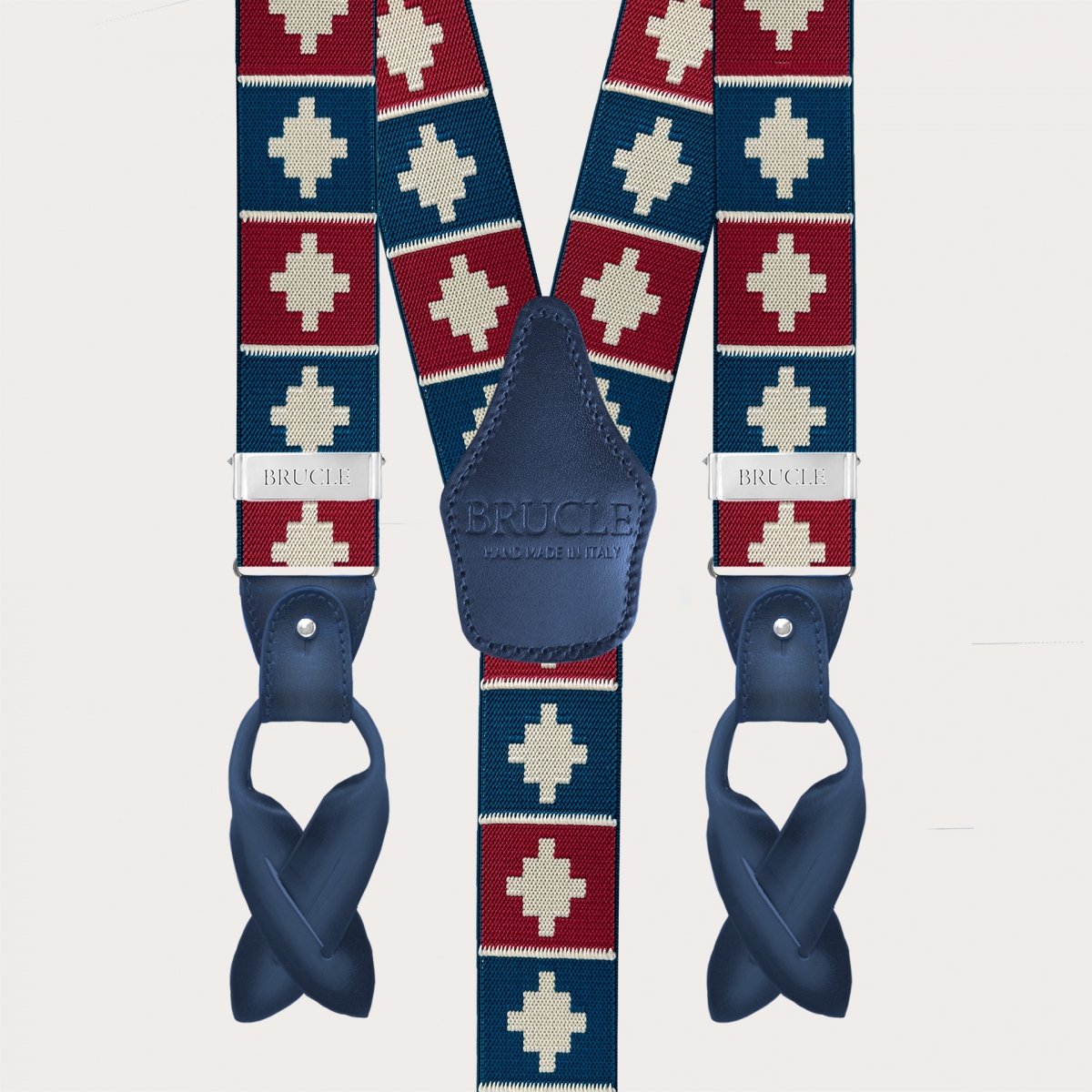 Men’s suspenders with red and blue geometric pattern