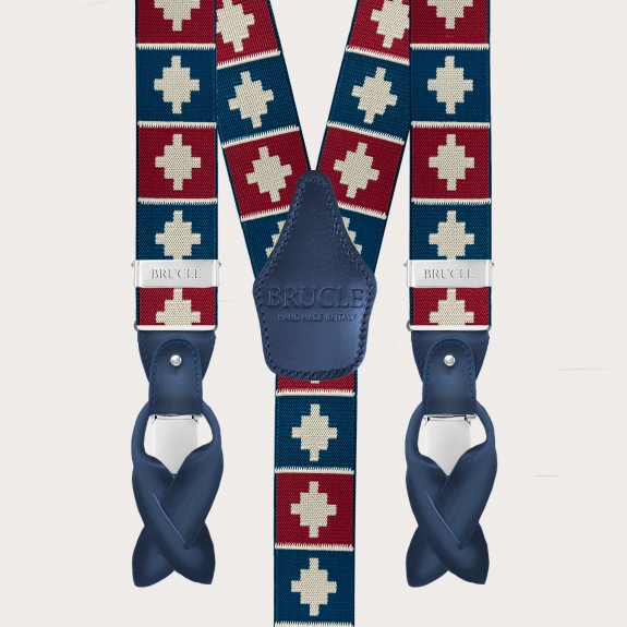 Men’s suspenders with red and blue geometric pattern