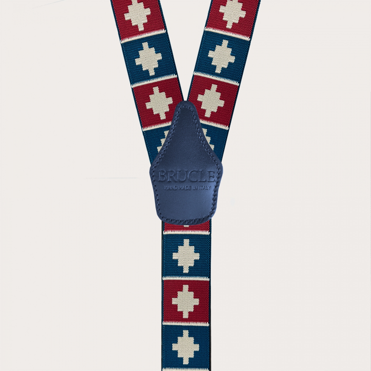 Men’s suspenders with red and blue geometric pattern