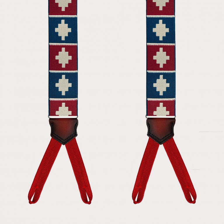 Blaue und rote Hosenträger mit geometrischem Muster für Knöpfe