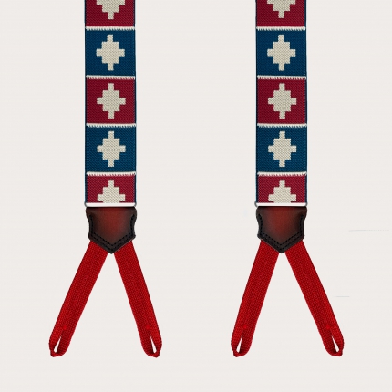 Blaue und rote Hosenträger mit geometrischem Muster für Knöpfe