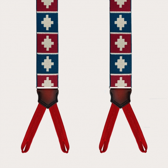 Blaue und rote Hosenträger mit geometrischem Muster für Knöpfe