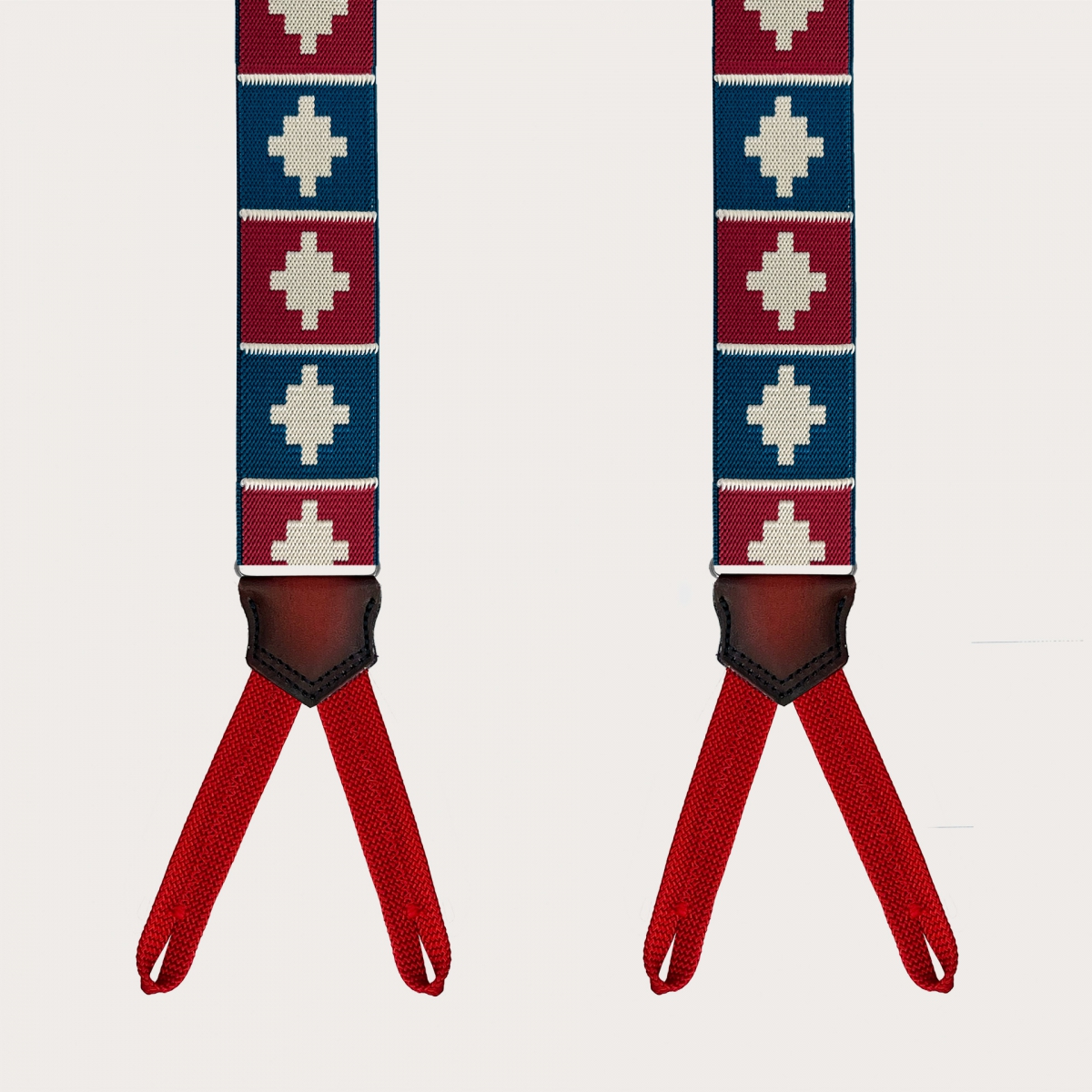 Blue and red geometric pattern suspenders for buttons