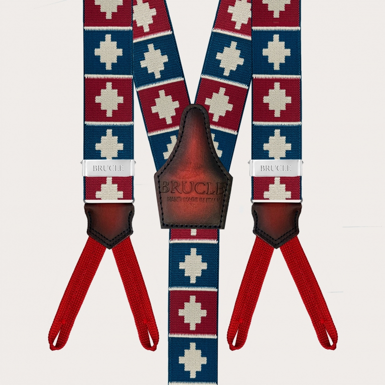 Bretelle blu e rosse fantasia geometrica per bottoni