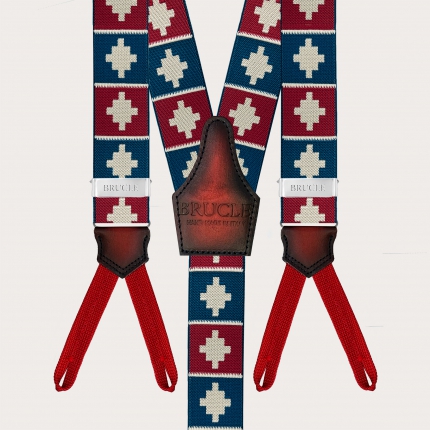 Blaue und rote Hosenträger mit geometrischem Muster für Knöpfe