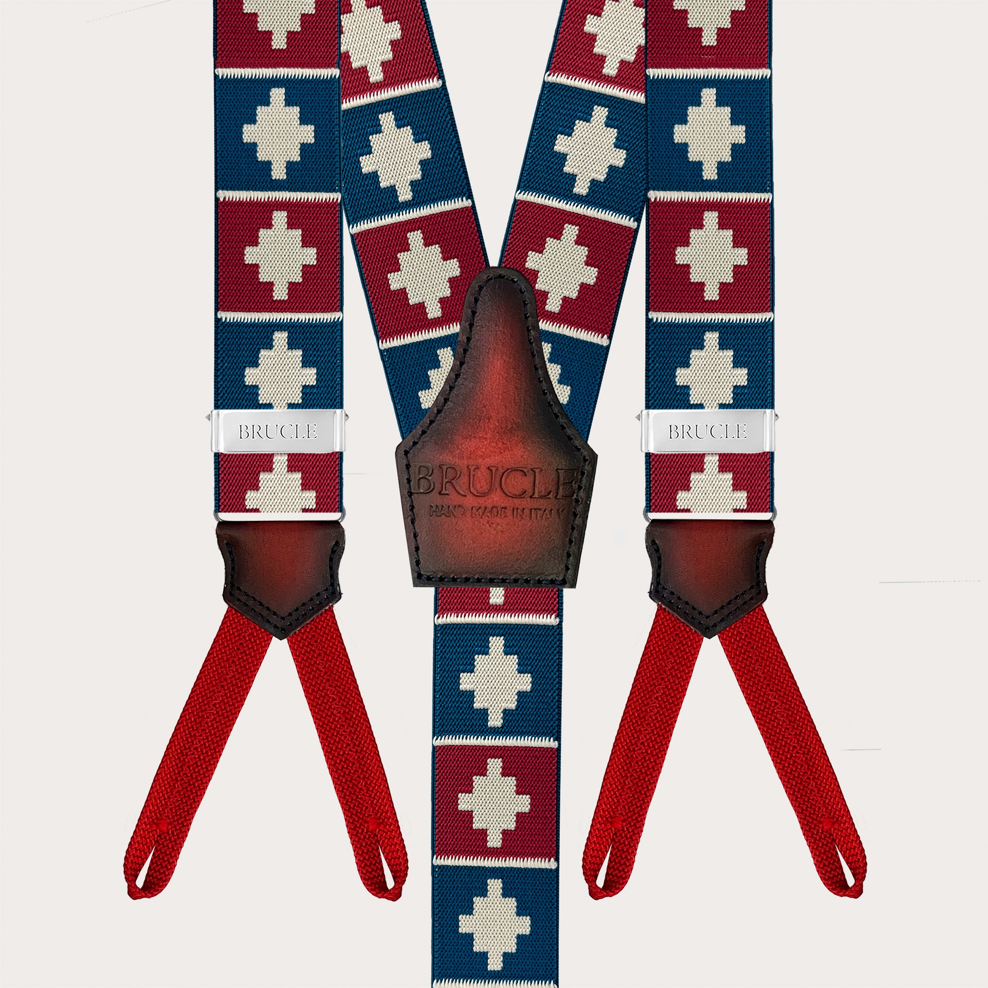 Blue and red geometric pattern suspenders for buttons