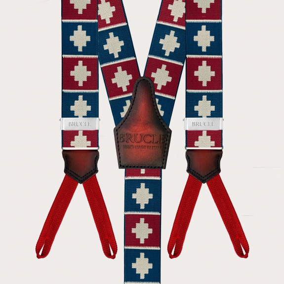 Blaue und rote Hosenträger mit geometrischem Muster für Knöpfe