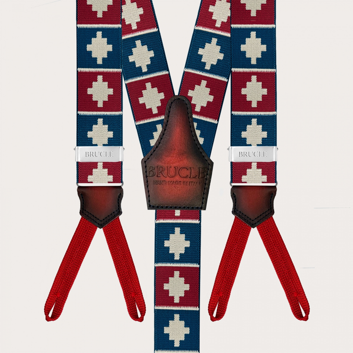 Blaue und rote Hosenträger mit geometrischem Muster für Knöpfe