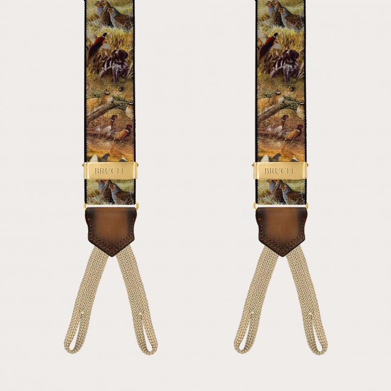 Hunting-themed suspenders with gold adjusters and button loops