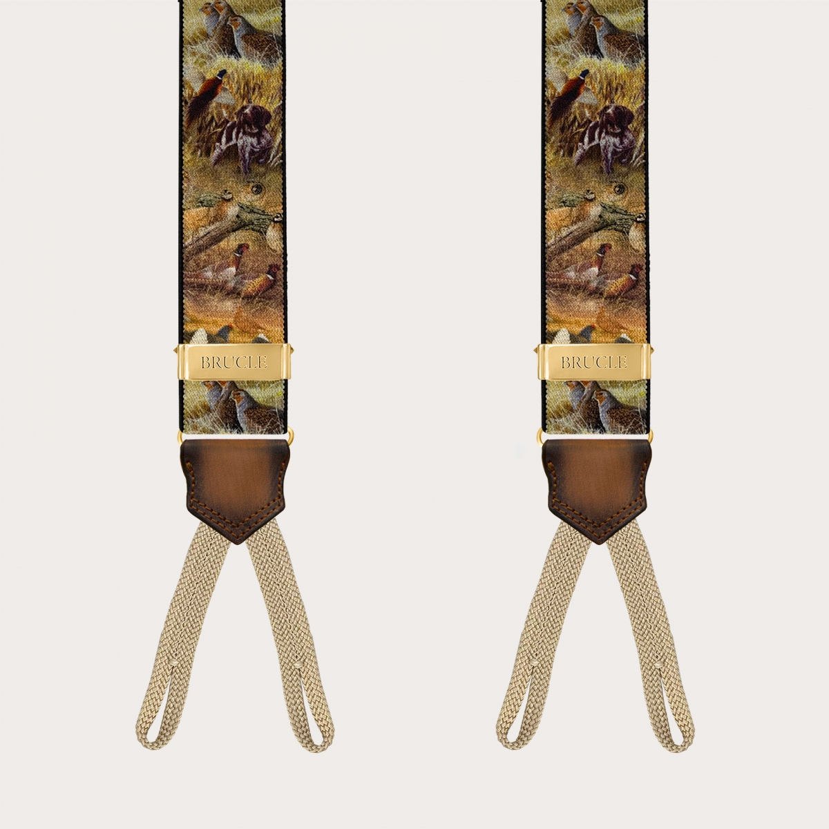Tirantes de temática caza con reguladores dorados y ojales para botones