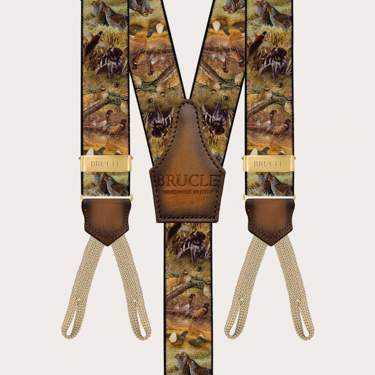 Hunting-themed suspenders with gold adjusters and button loops