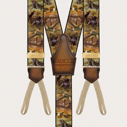 Hunting-themed suspenders with gold adjusters and button loops