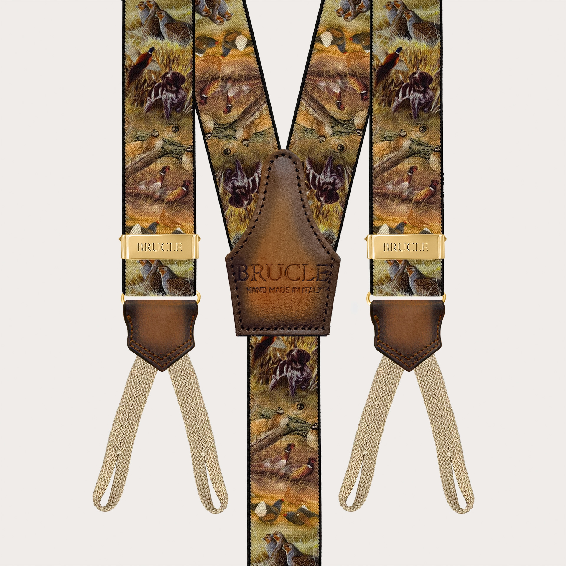 Hunting-themed suspenders with gold adjusters and button loops