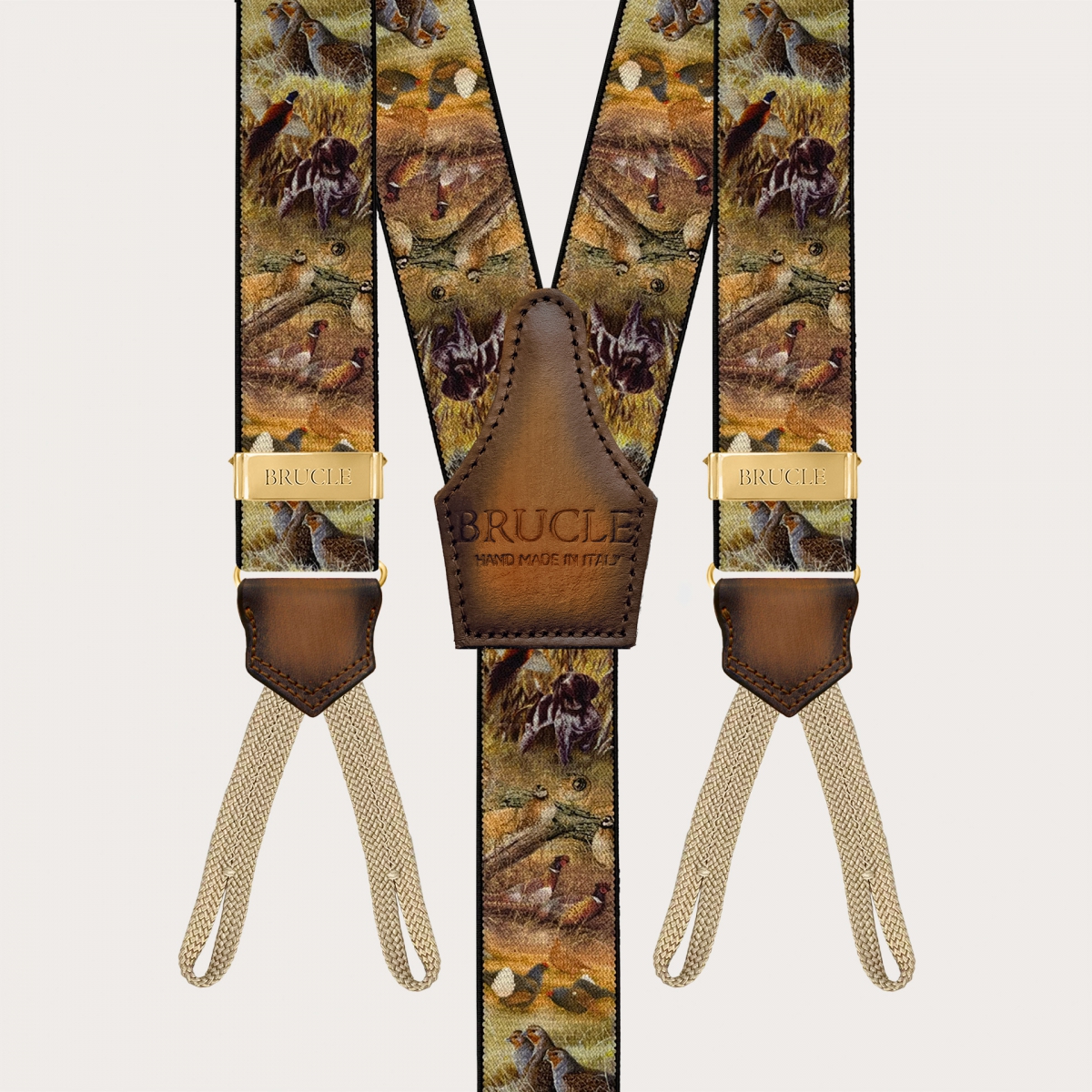 Hunting-themed suspenders with gold adjusters and button loops