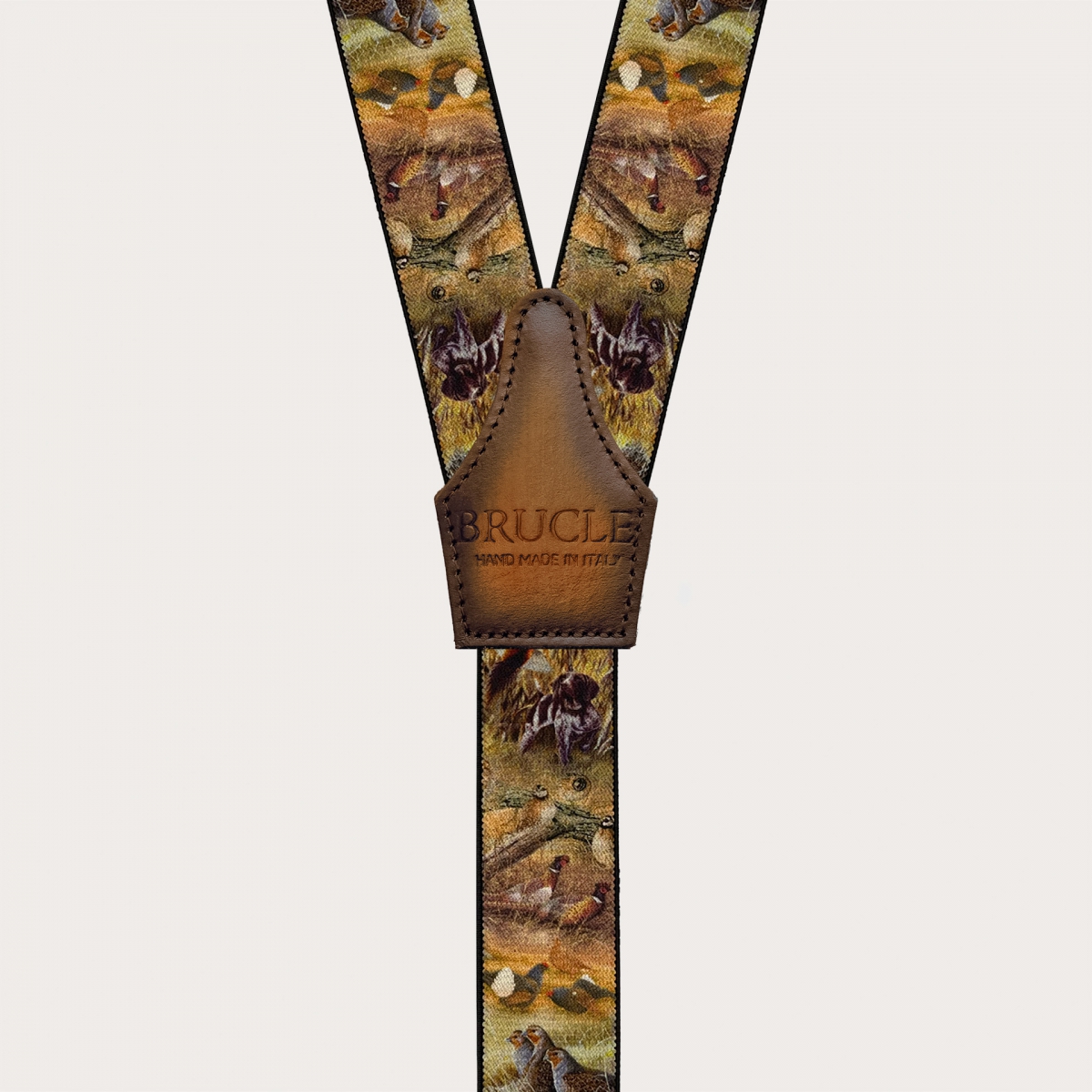 Hunting-themed suspenders with gold adjusters and button loops