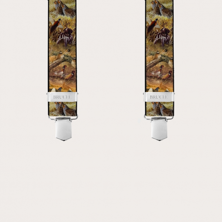 Brown X-back suspenders with animal pattern