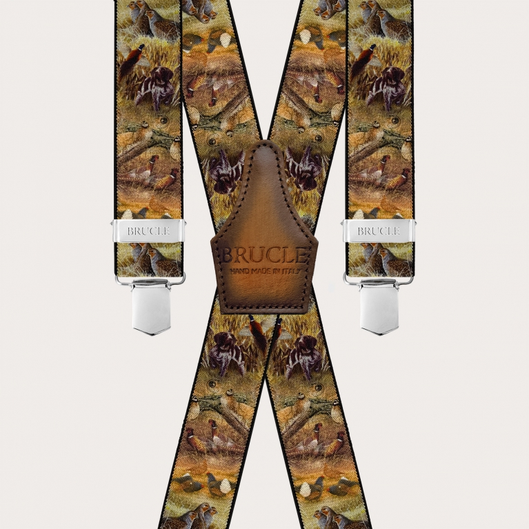Brown X-back suspenders with animal pattern