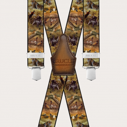 Brown X-back suspenders with animal pattern