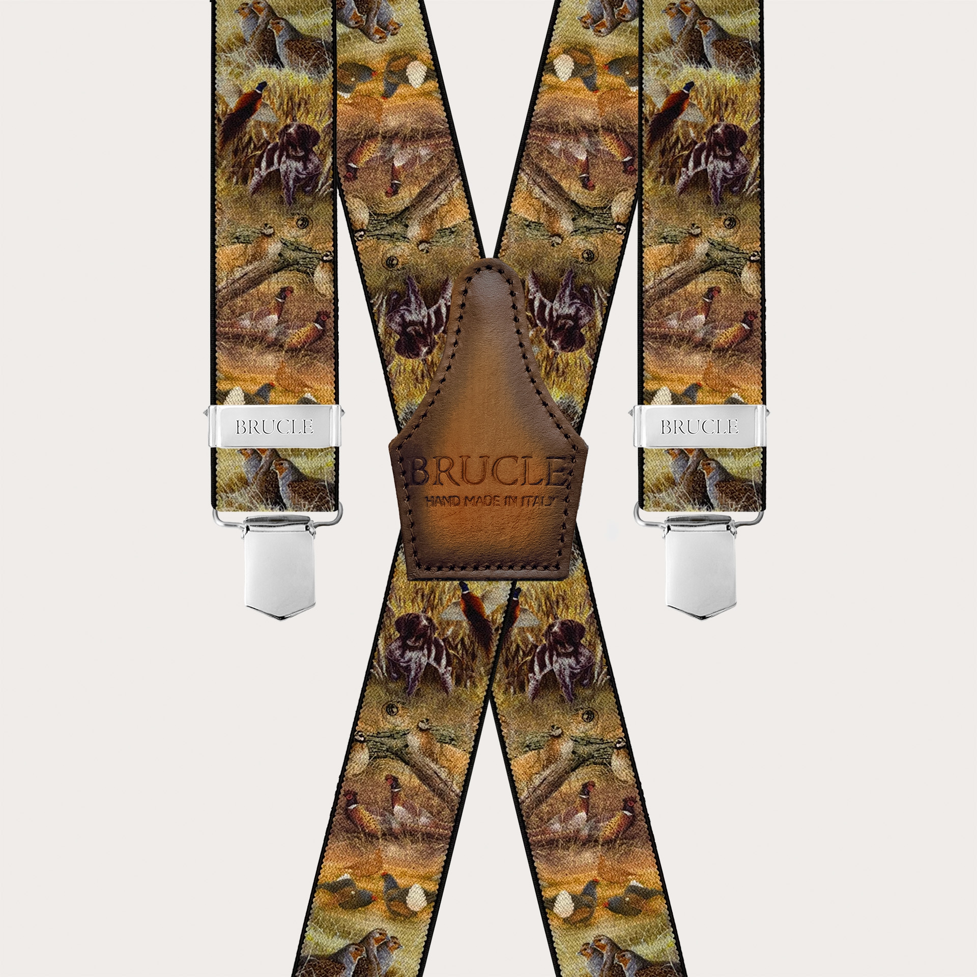 Brown X-back suspenders with animal pattern